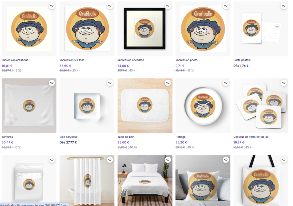 Exemples de produits Redbubble avec une illustration Grafibulle
